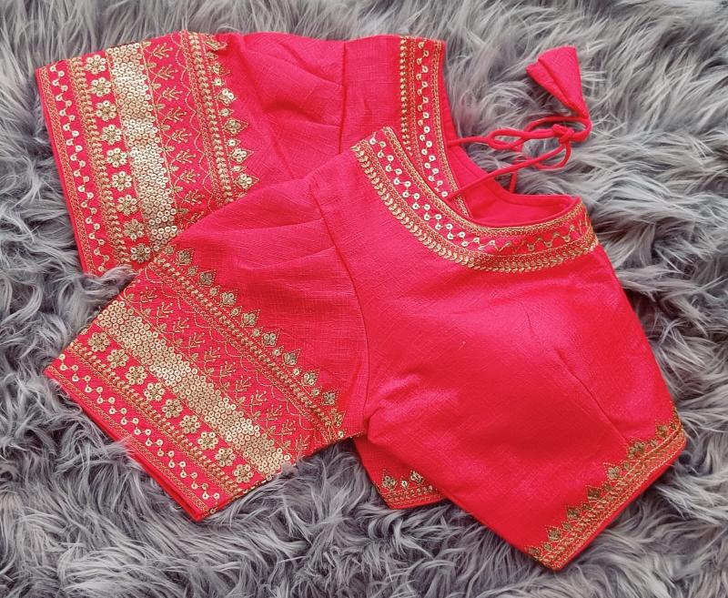 Puff Sleeved Zari Border Raw Silk Blouse