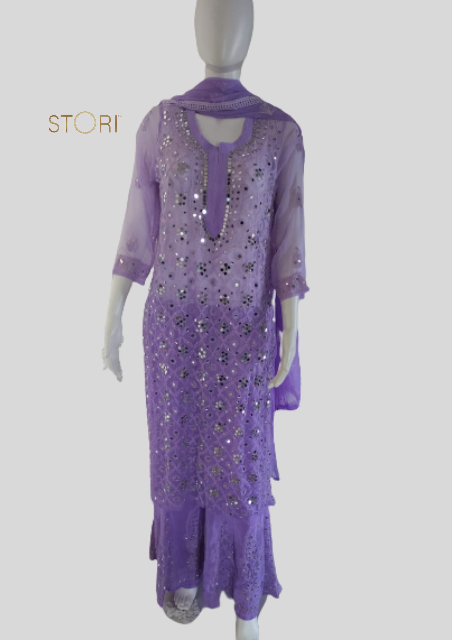 Lavendar Ombre Style Georgette Chikankari Kurti Palazzo Dupatta Set With Mirror Work