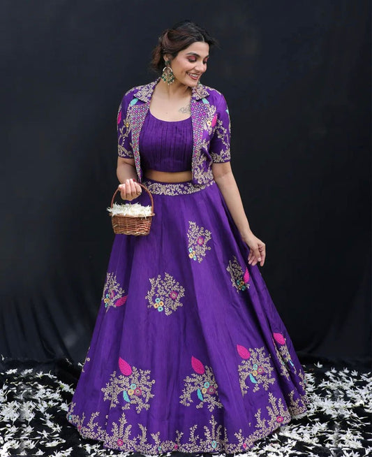 Purple Embroidered Chinon Lehenga Choli With Crop Top