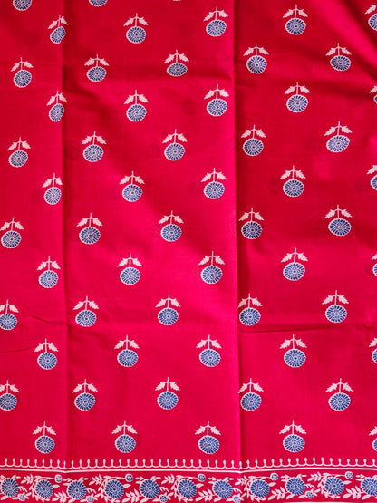 Floral Red Printed Handloom Cotton Mulmul Saree
