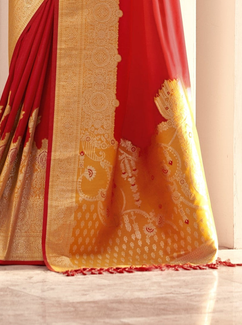 Bright Red Green Soft Silk Saree