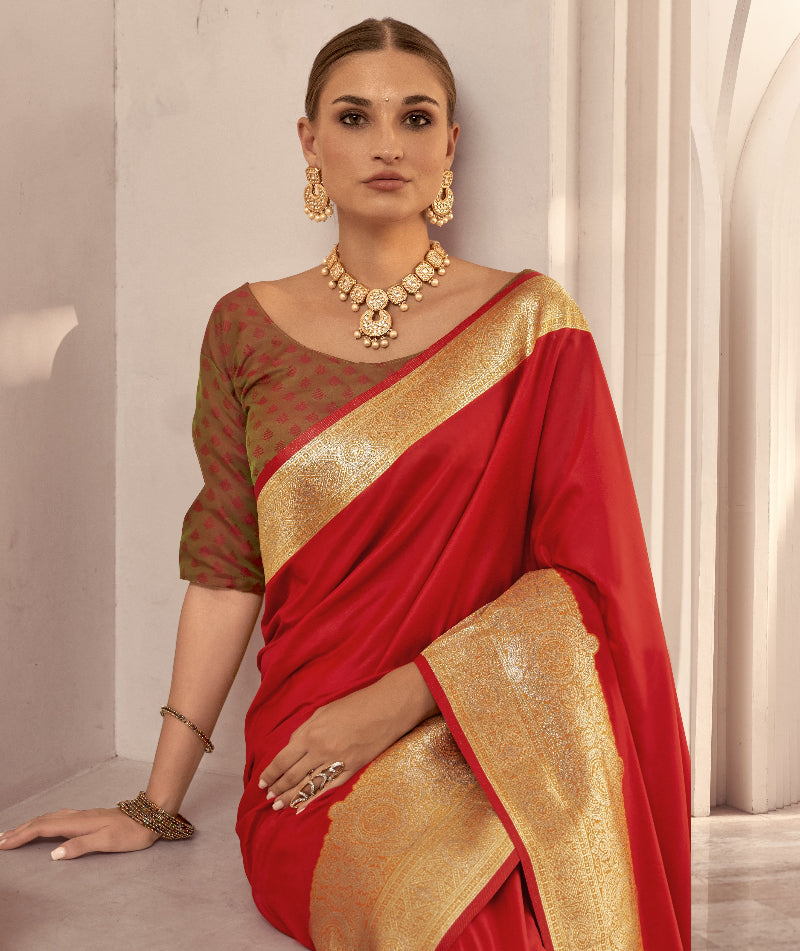 Bright Red Green Soft Silk Saree