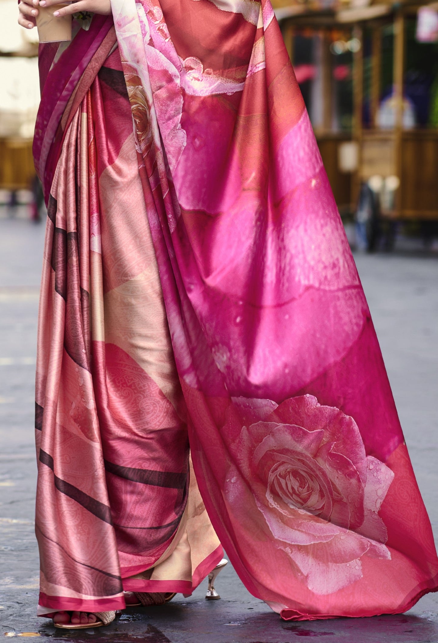 Abstract Rose Printed Satin Crepe Silk Saree