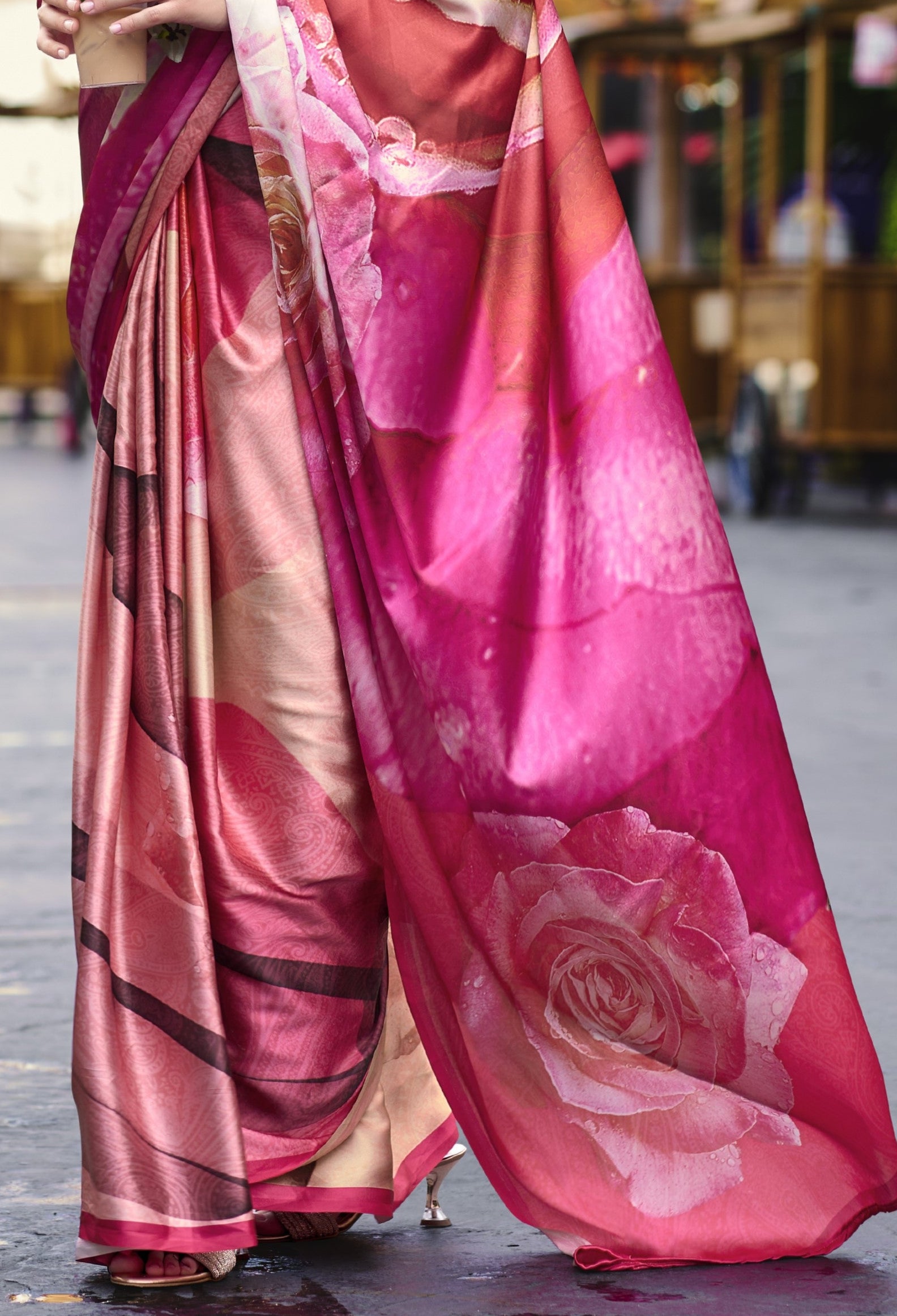 Abstract Rose Printed Satin Crepe Silk Saree