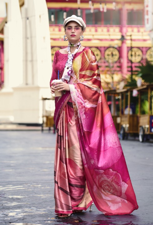 Abstract Rose Printed Satin Crepe Silk Saree