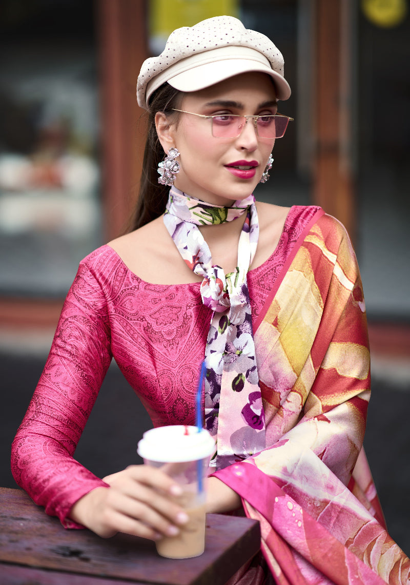 Abstract Rose Printed Satin Crepe Silk Saree