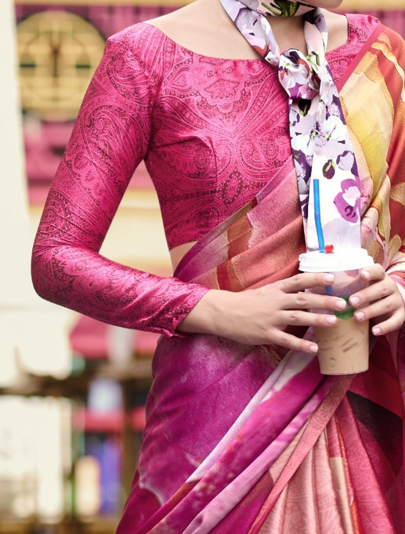 Abstract Rose Printed Satin Crepe Silk Saree