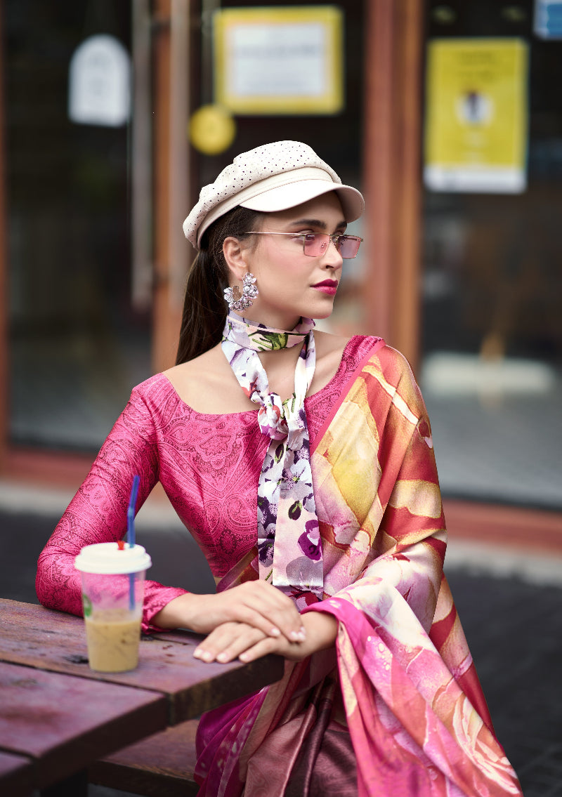 Abstract Rose Printed Satin Crepe Silk Saree