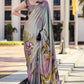 Cloudy Grey Floral Printed Satin Crepe Silk Saree