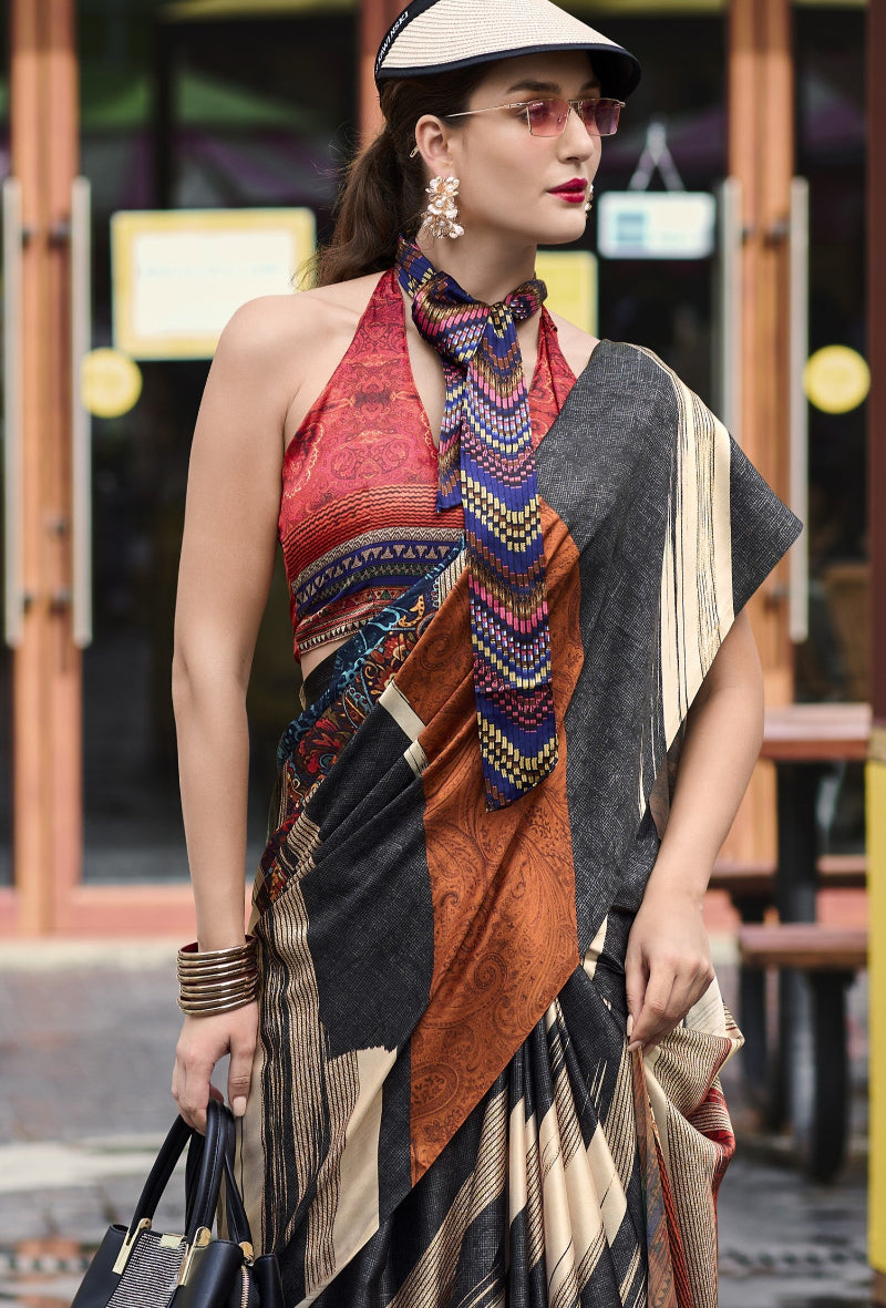 Multicolor Printed Satin Crepe Silk Saree