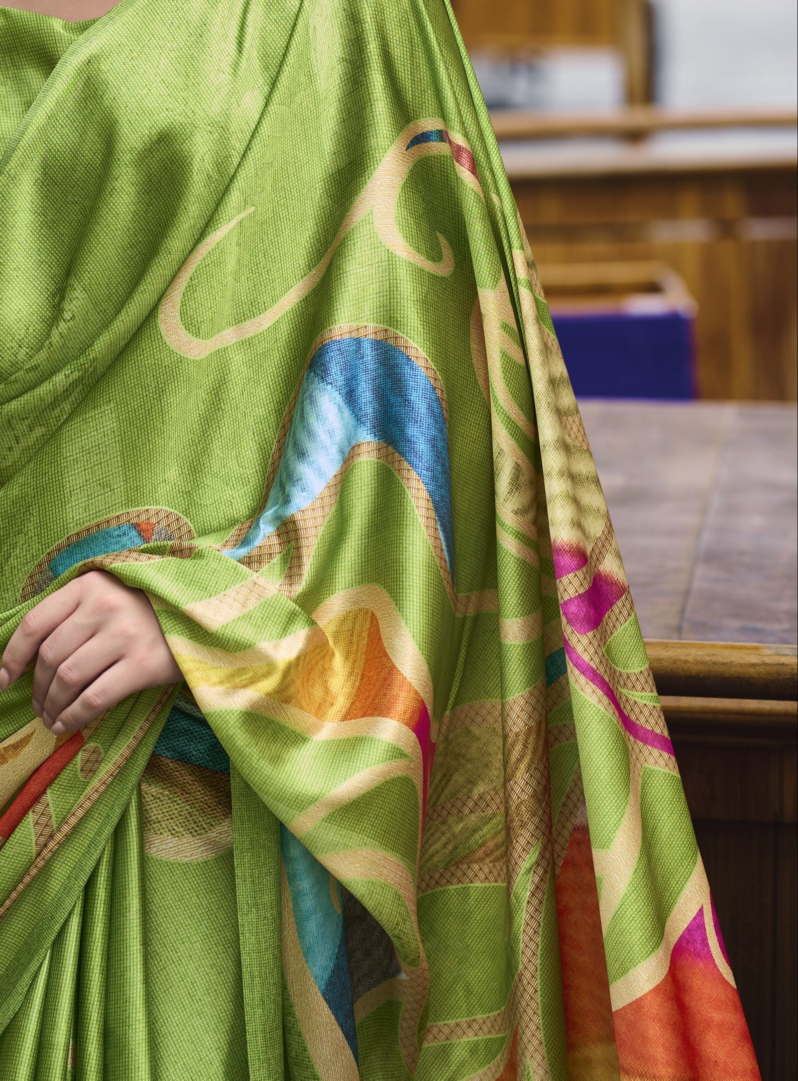 Italian Green Satin Crepe Silk Saree