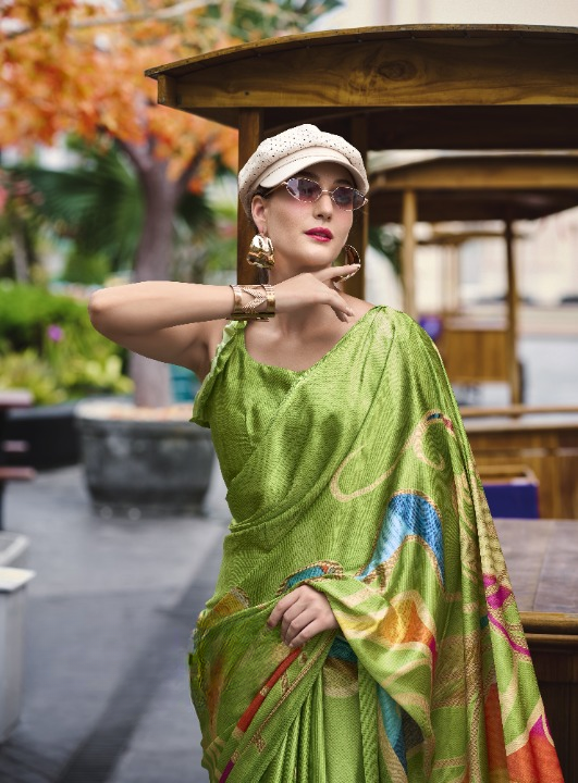 Italian Green Satin Crepe Silk Saree