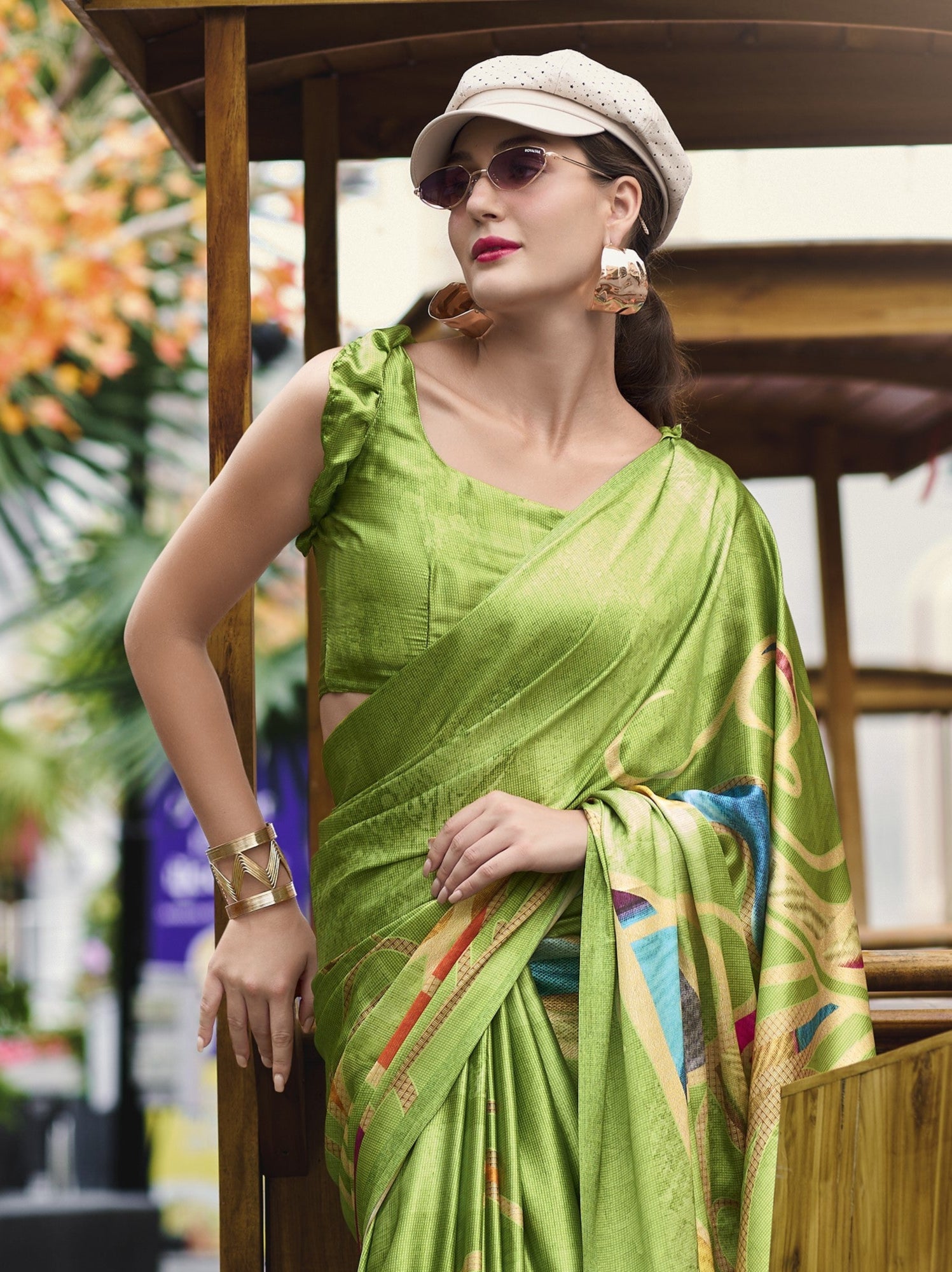 Italian Green Satin Crepe Silk Saree