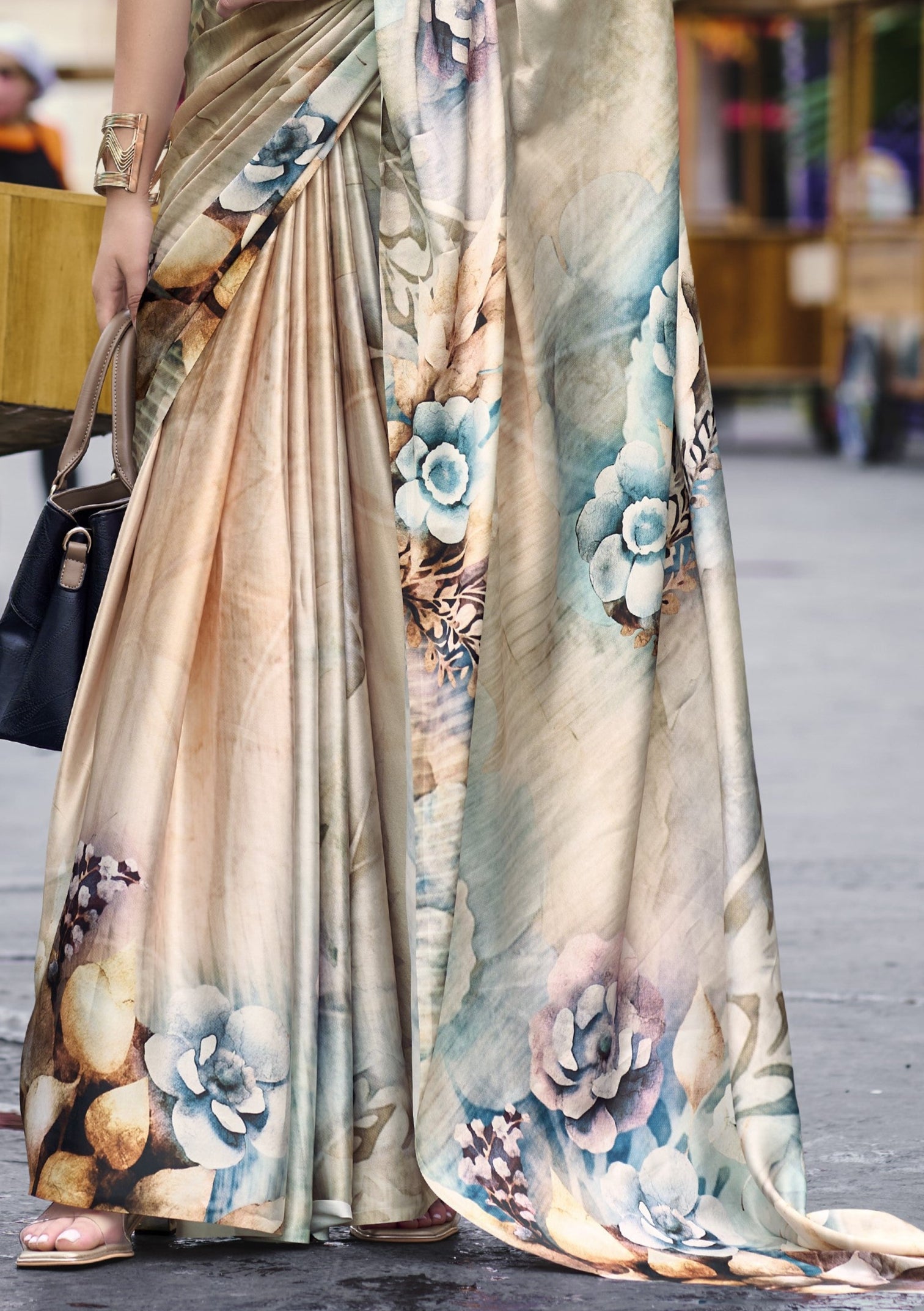 Fawn Brown Satin Crepe Silk Saree