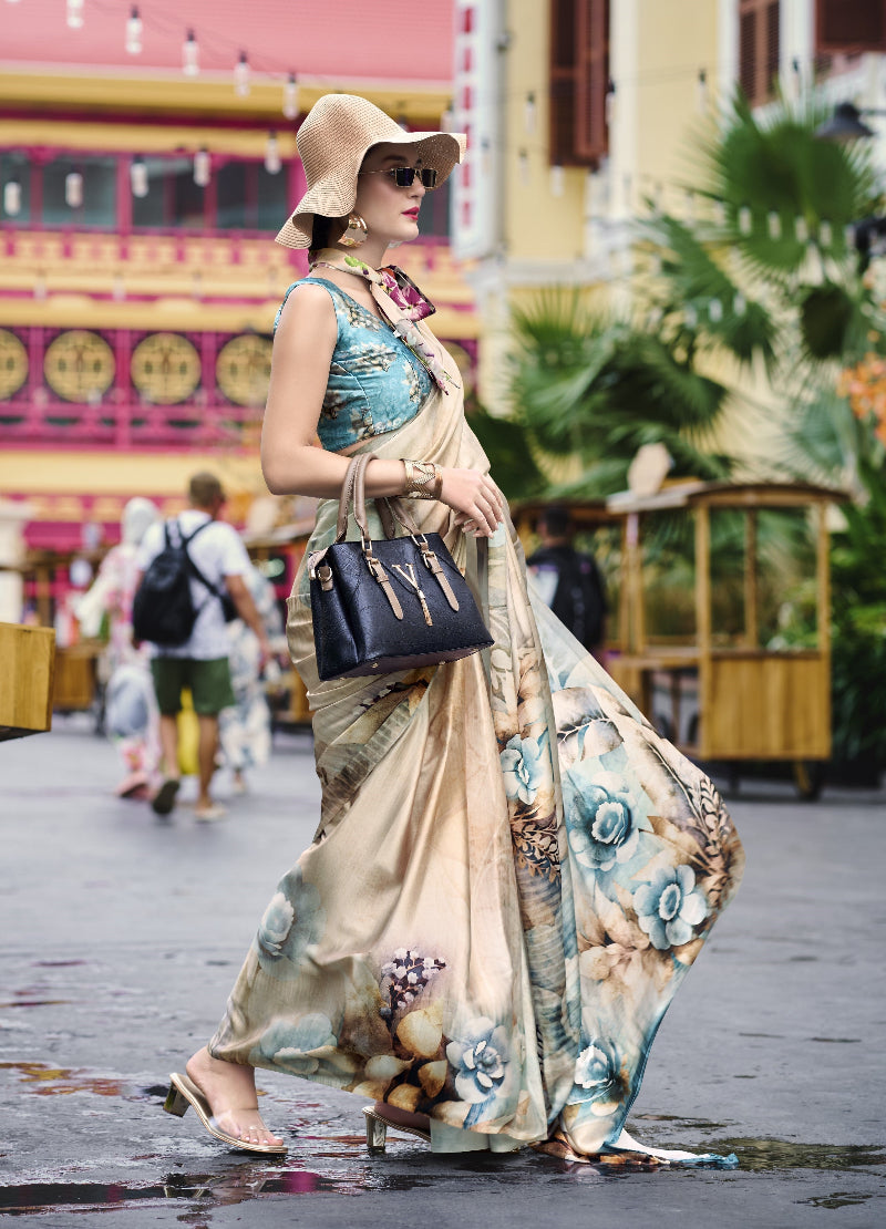 Fawn Brown Satin Crepe Silk Saree