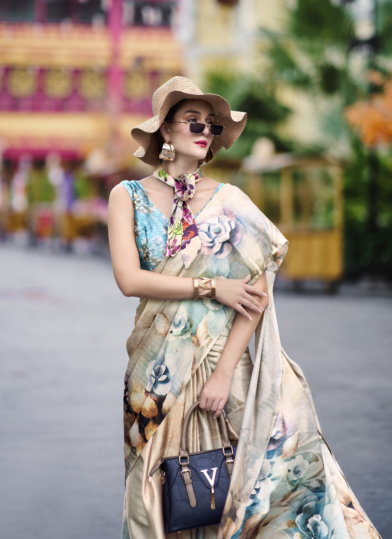 Fawn Brown Satin Crepe Silk Saree