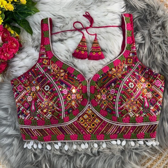 Pink Prahan Kutchi Embroidered Blouse With Elbow Sleeves