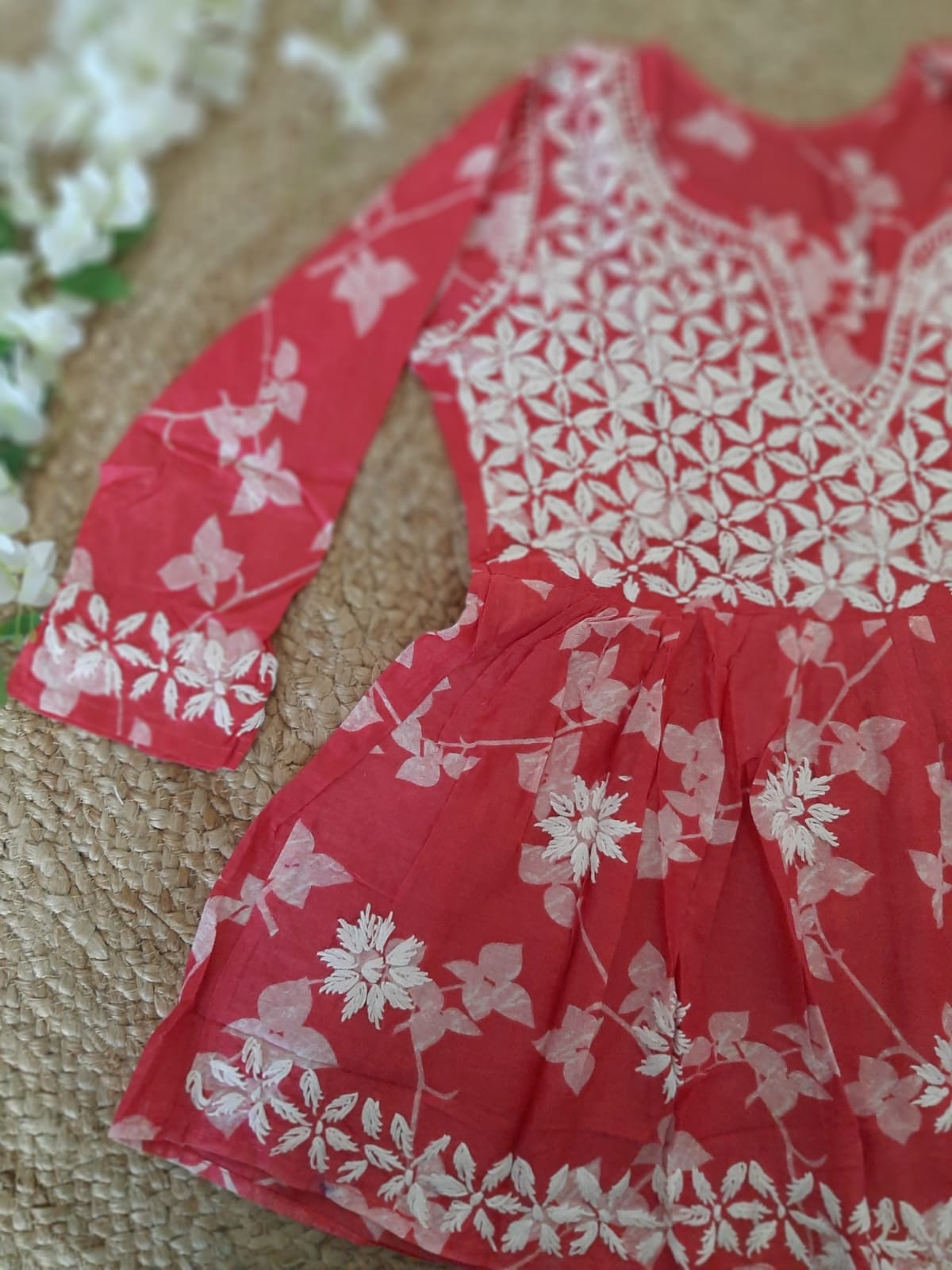 Petals Printed Pink Cotton Mulmul Chikankari Short Kurti