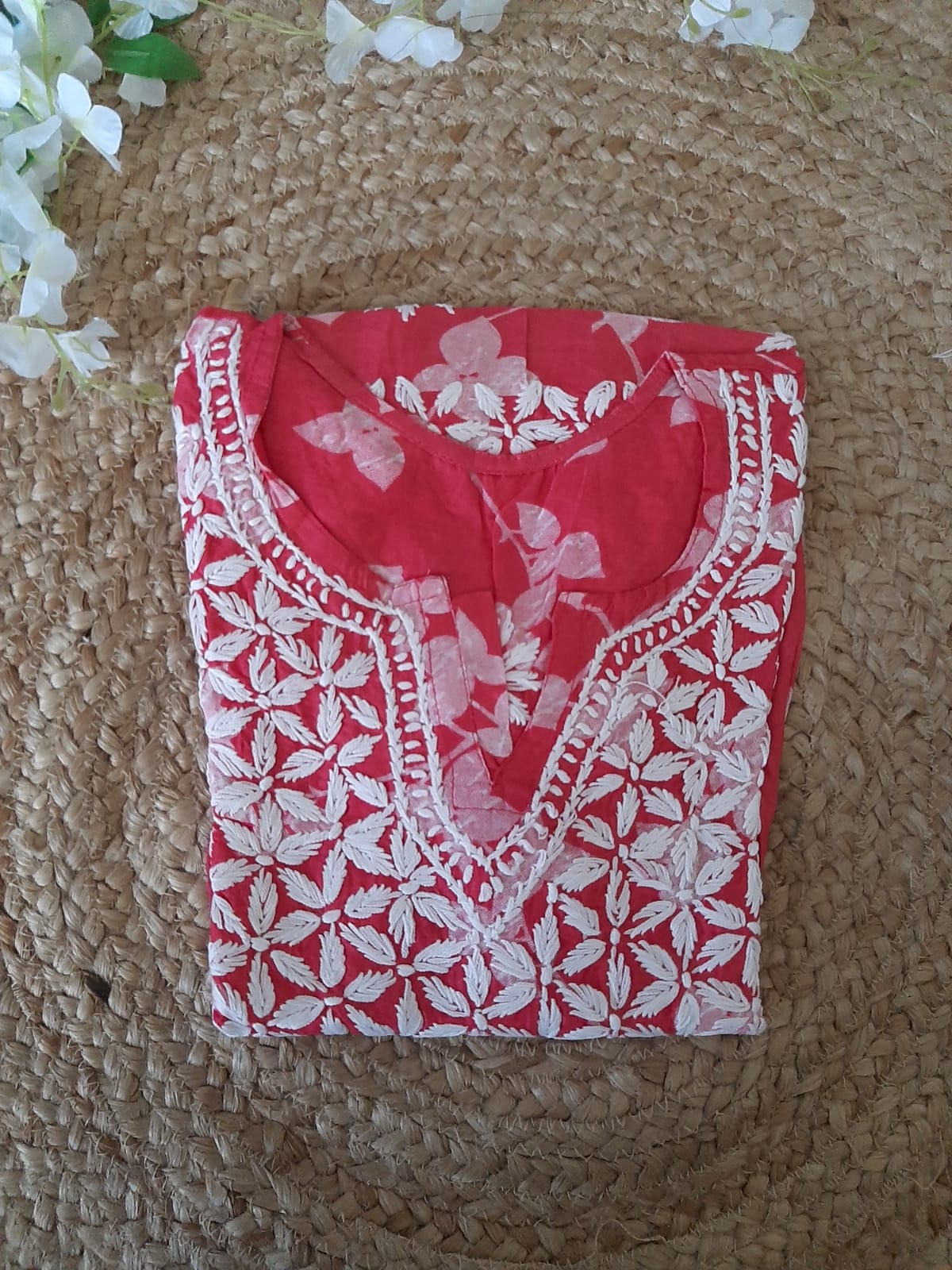 Petals Printed Pink Cotton Mulmul Chikankari Short Kurti