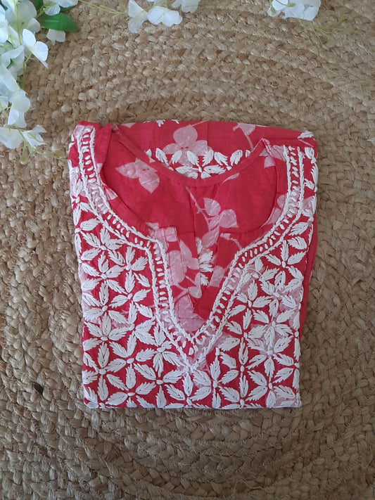 Petals Printed Pink Cotton Mulmul Chikankari Short Kurti