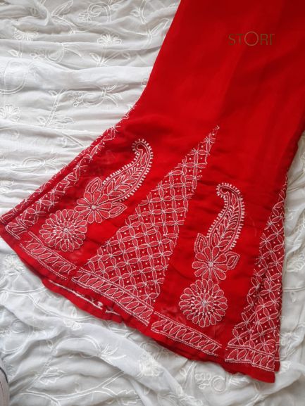 Red & White Christmas Hand Embroidered Georgette Flared Palazzo