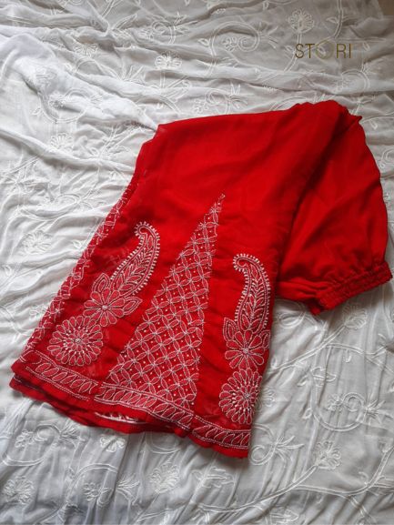 Red & White Christmas Hand Embroidered Georgette Flared Palazzo
