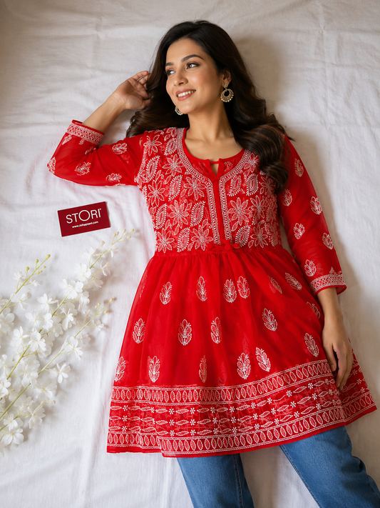 Red Angarkha Short Georgette Chikankari Kurti