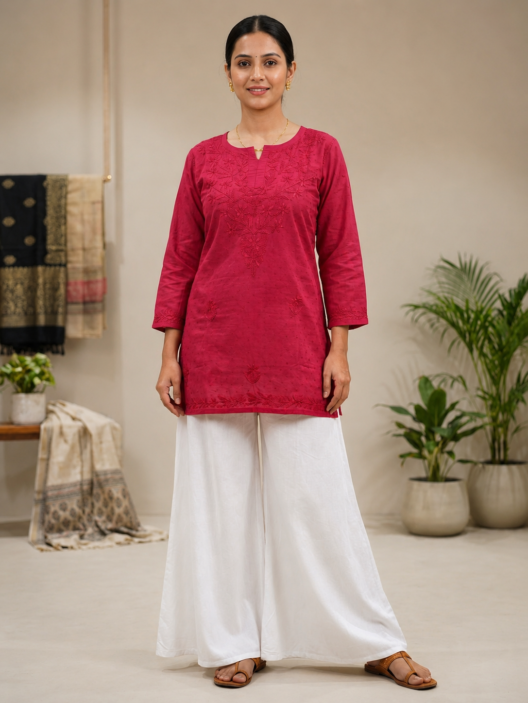 Red Dobby Cotton Short Chikankari Kurti