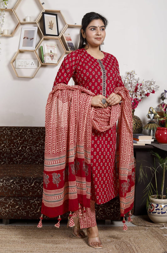 Shop Red Cotton Salwar Suit Set Online - STORI
