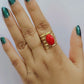 Coral Red Oval Stone Golden Stripes Finger Ring