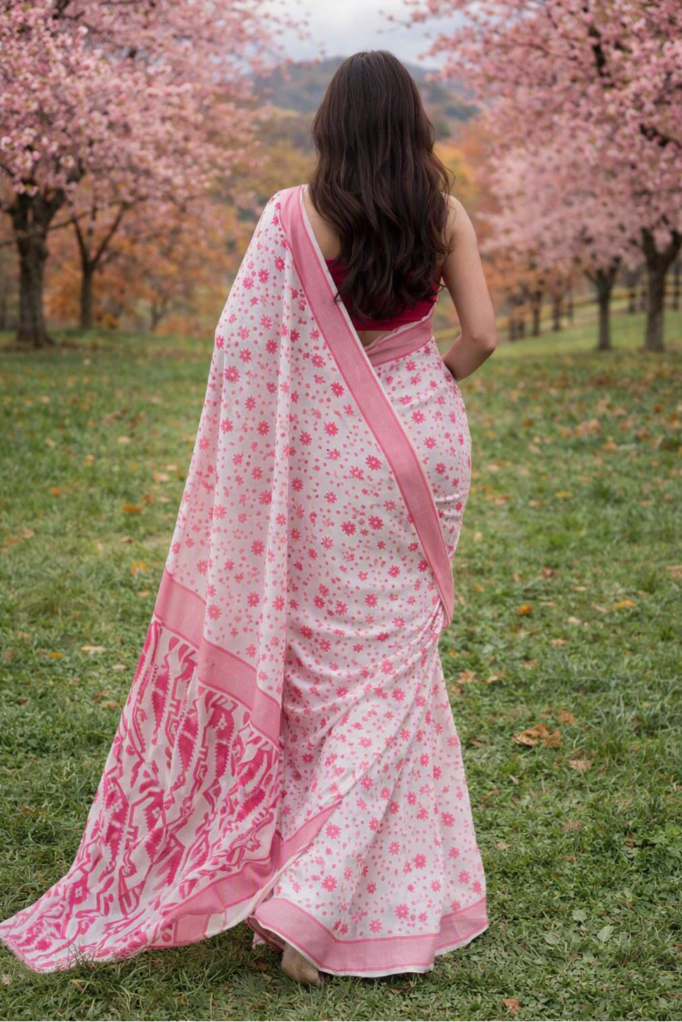 Red & White  Floral and Geometric Motifs Print  Cotton Silk Saree