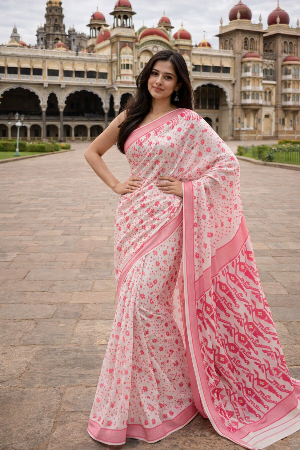 Red & White  Floral and Geometric Motifs Print  Cotton Silk Saree3