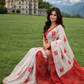 Red & White Hibiscus Print  Cotton Silk Saree