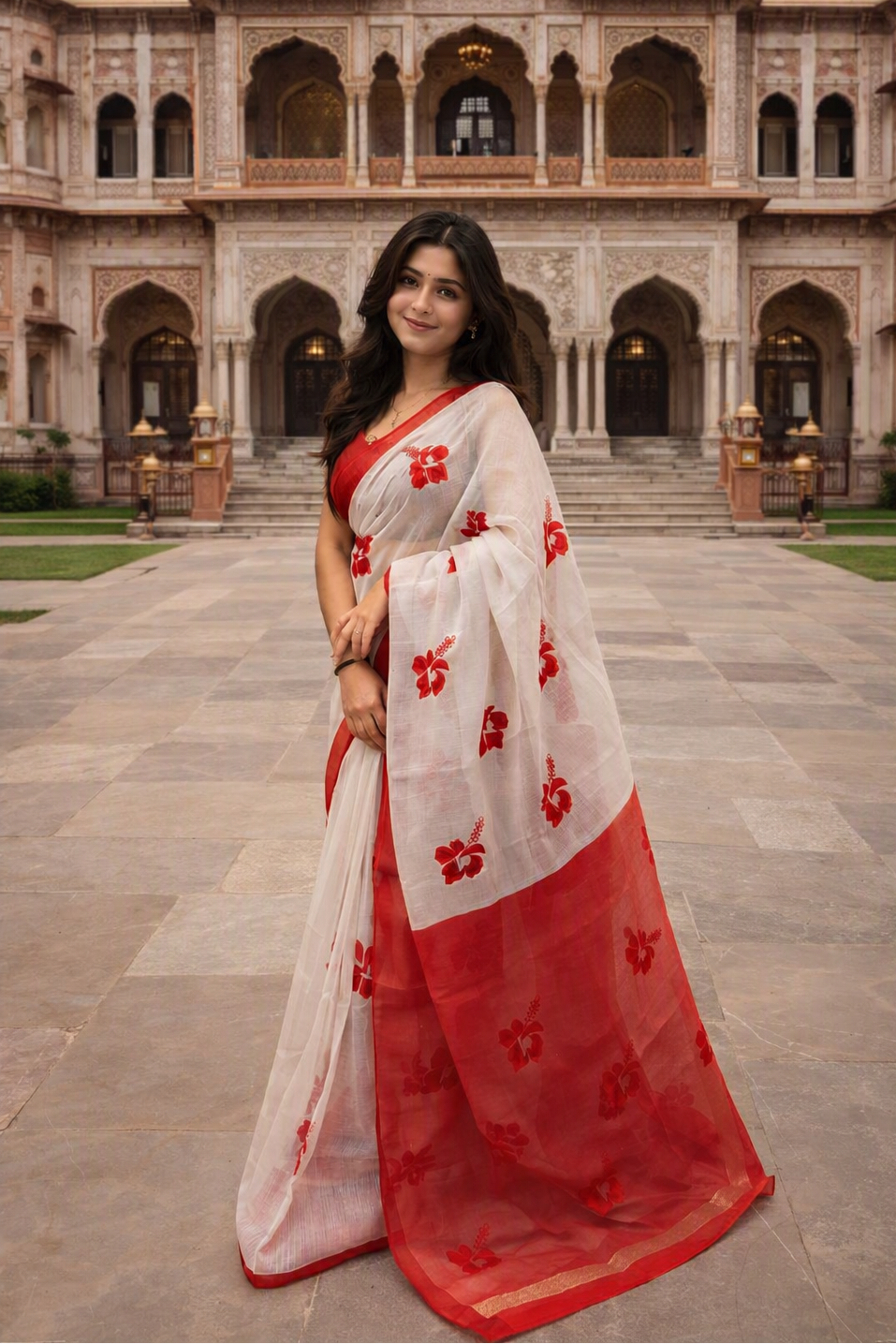 Red & White Hibiscus Print  Cotton Silk Saree