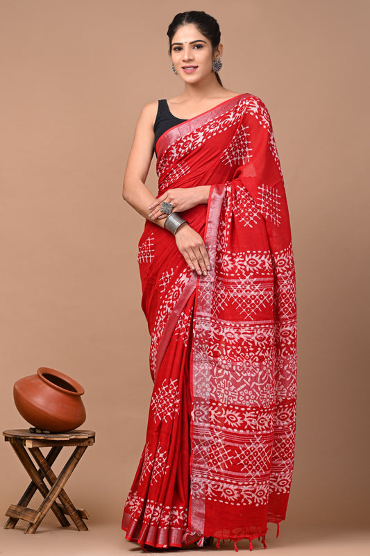 Carmine Red Linen Saree With Handblock Printed Worli Art Motifs