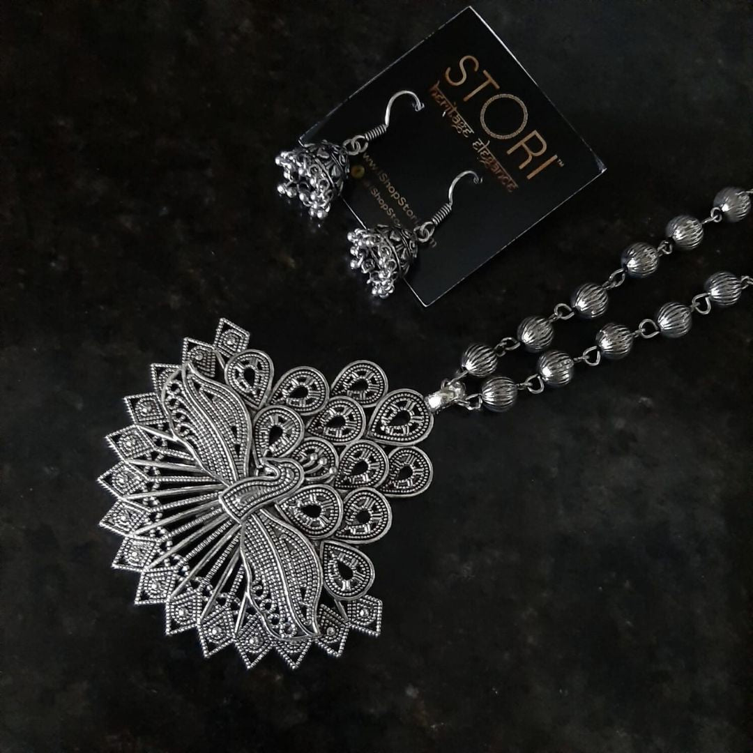 Tamhini Long Fanned Peacock Oxidised Necklace Set