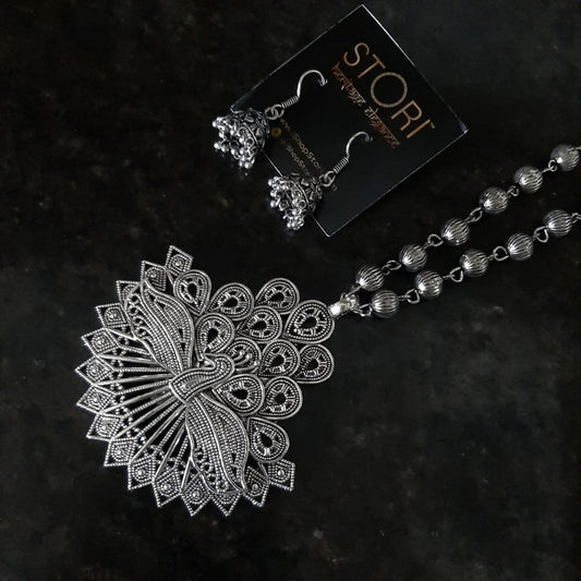 Tamhini Long Fanned Peacock Oxidised Necklace Set
