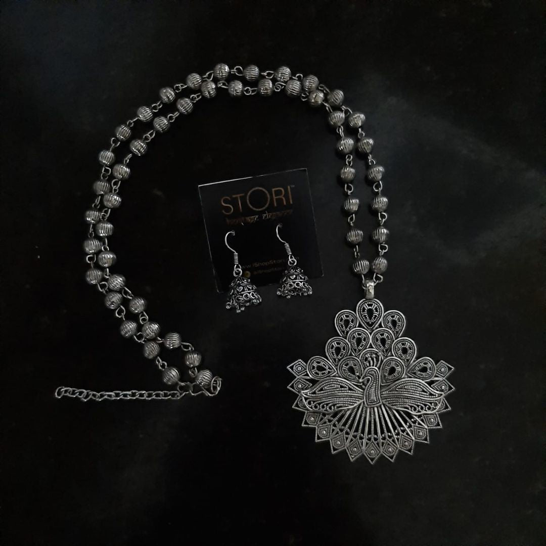 Tamhini Long Fanned Peacock Oxidised Necklace Set