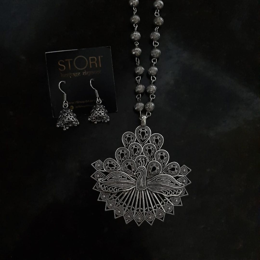 Tamhini Long Fanned Peacock Oxidised Necklace Set