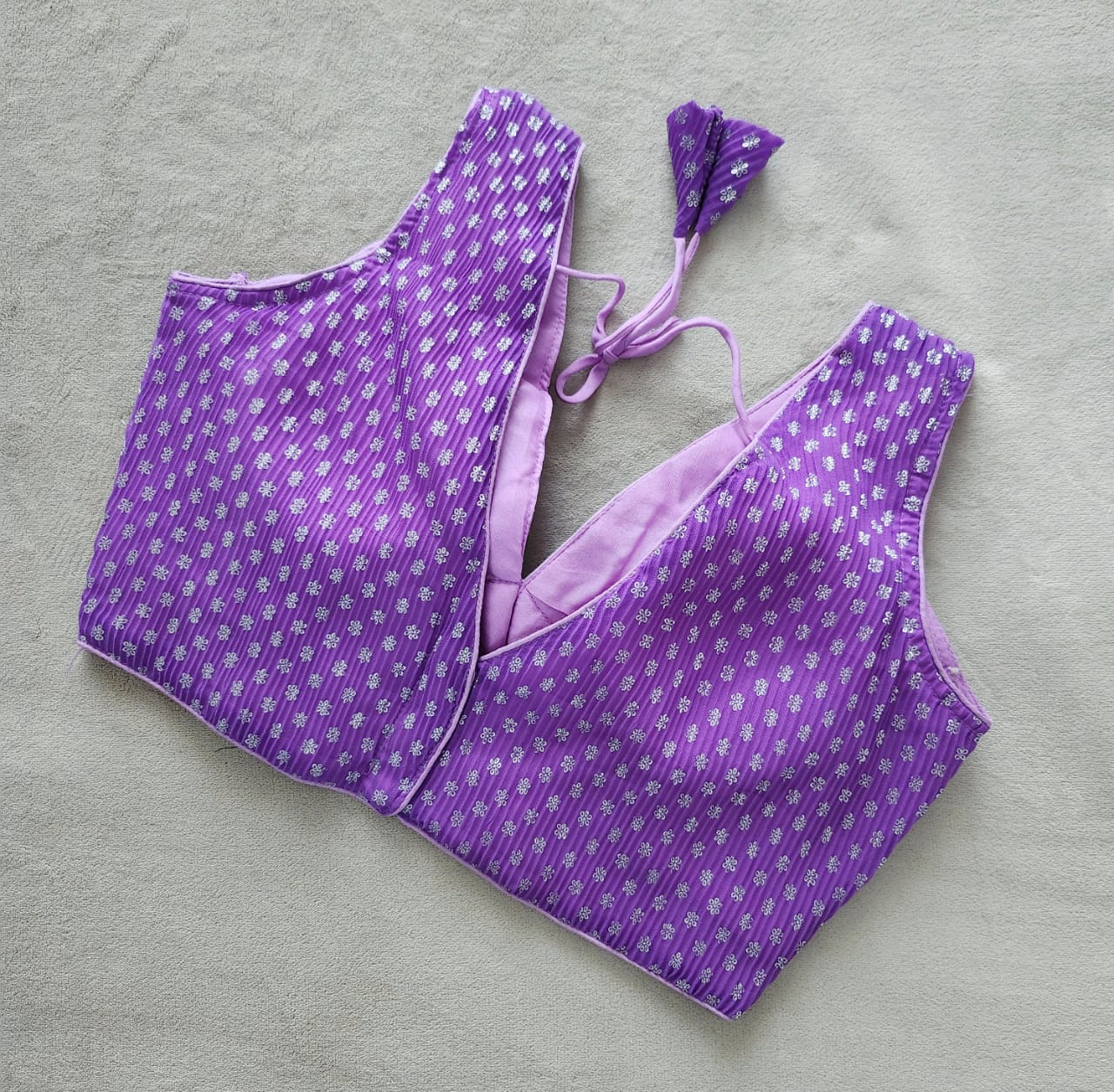 Lavendar Foil Printed Ruffled Georgette Blouse With Sleeves Option