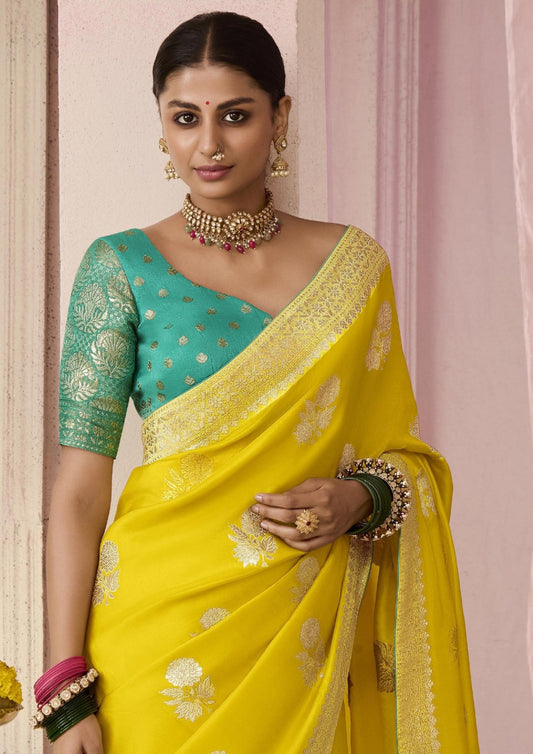 Yellow Banarasi Silk Saree Online in India