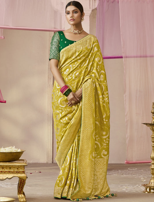 Mustard Yellow Banarasi Silk Saree Online in India