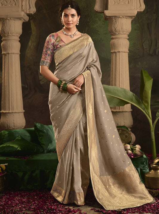  Beige Silk Saree with Designer Blouse Online in India