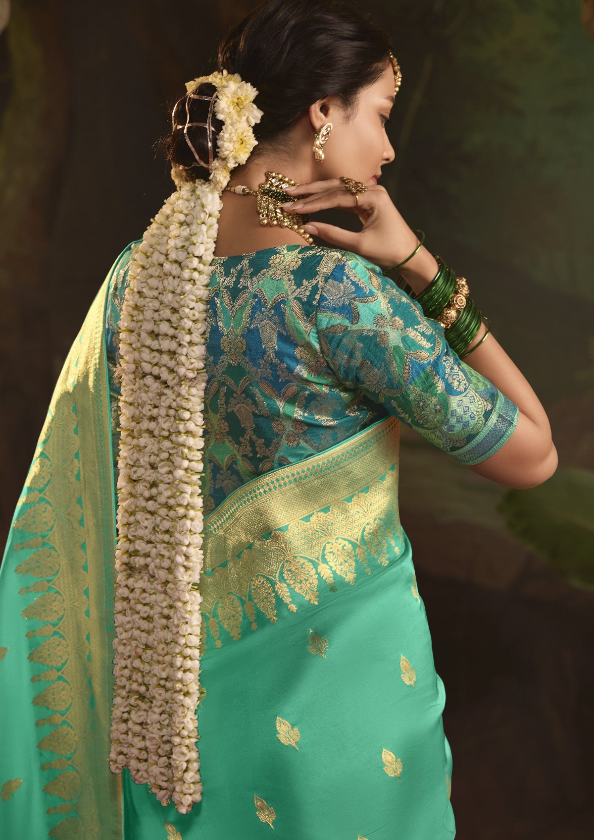 Pastel Aquamarine Silk Saree With Designer Blouse Onlie in India