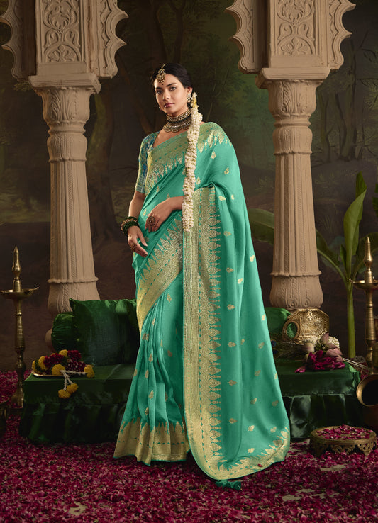 Pastel Aquamarine Silk Saree With Designer Blouse Onlie in India