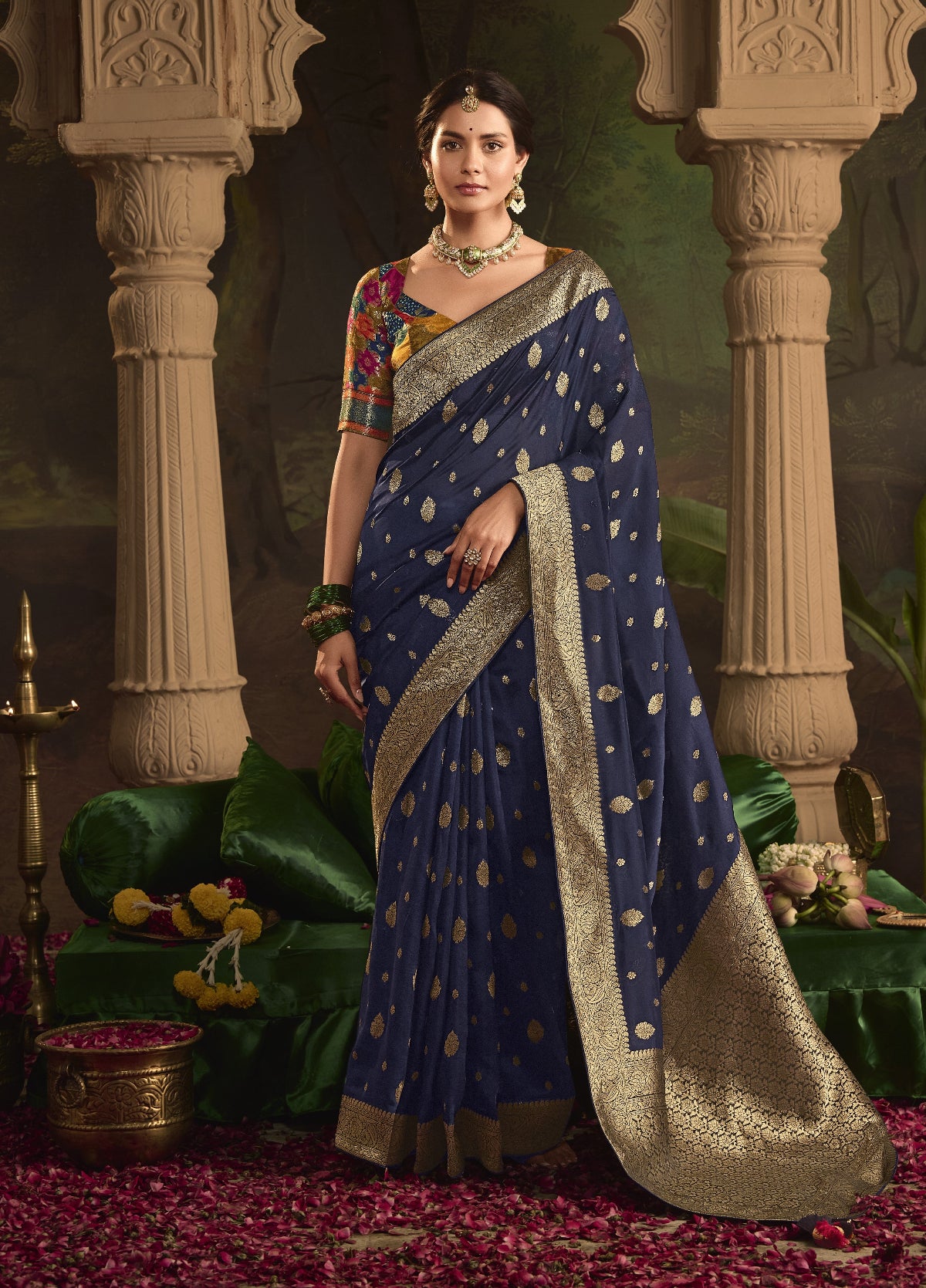 Navy Blue Silk Saree With Designer Blouse Online in India