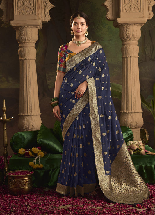 Navy Blue Silk Saree With Designer Blouse Online in India
