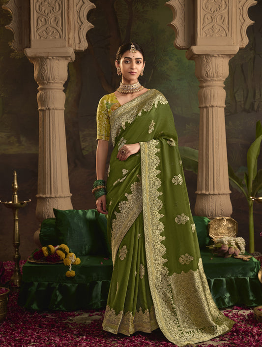 Mehendi Green Silk Saree With Designer Blouse Online in India