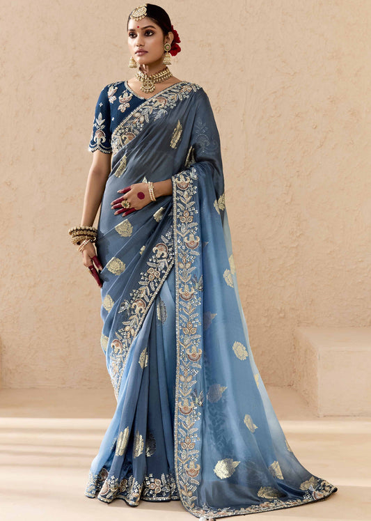 Ombre Blue Banarasi Silk Saree Online in India