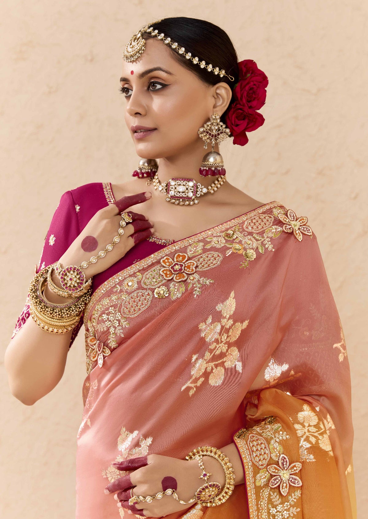 Ombre Peach Banarasi Silk Saree Online in India